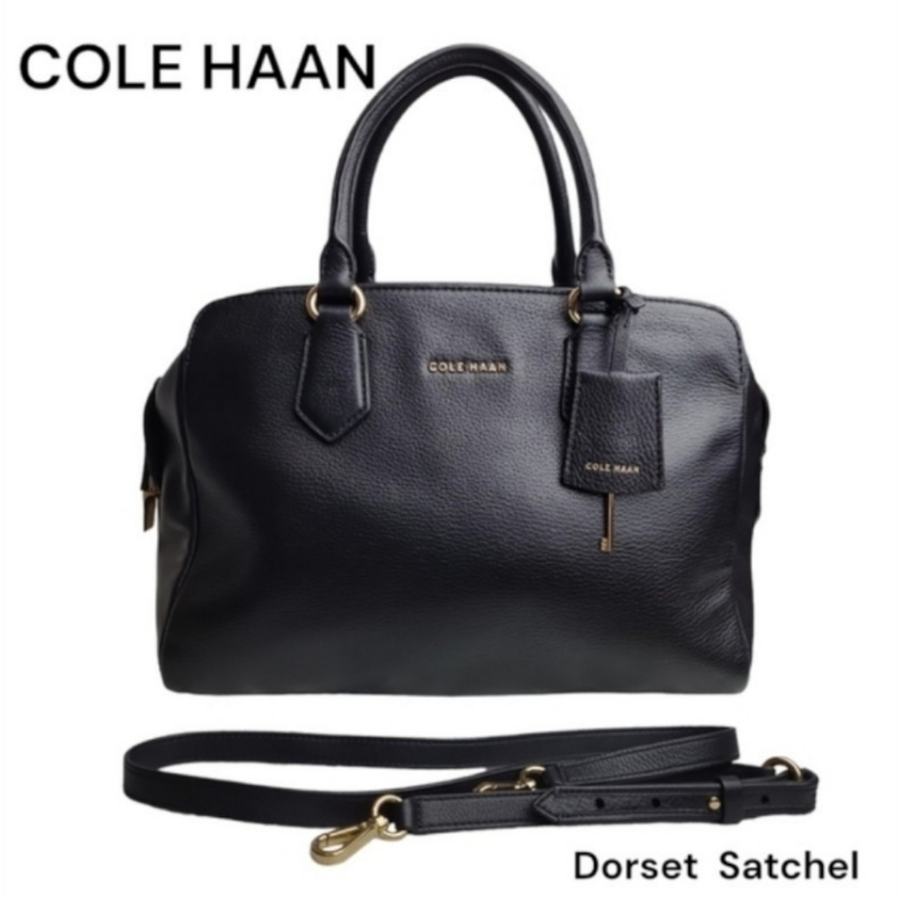 Cole Haan Dorset Satchel black leather golden metal lock key crossbody strap bag